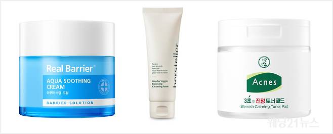 사진 : (왼쪽부터) 리얼베리어(Real Barrier®) – 아쿠아 수딩 크림, 허스텔러 – 원더베지 밸런싱 클렌징 폼, 아크네스 - 3초草 진정 토너 패드 (사진제공 : 각 브랜드)