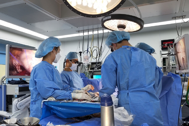 부천세종병원 흉부외과 이희문 과장(왼쪽)이 흉강경 보조 로봇과 3차원 내시경을 이용한 최소침습 수술을 하는 모습.