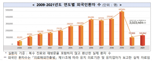 2009년도부터 2021년도까지 연도별 한국을 방문한 외국인 환자 수. 사진 제공=보건복지부