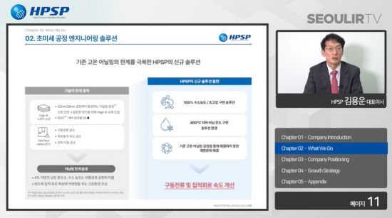김용운 에이치피에스피 대표이사가 27일 온라인 기자간담회에서 회사를 소개하고 있다.