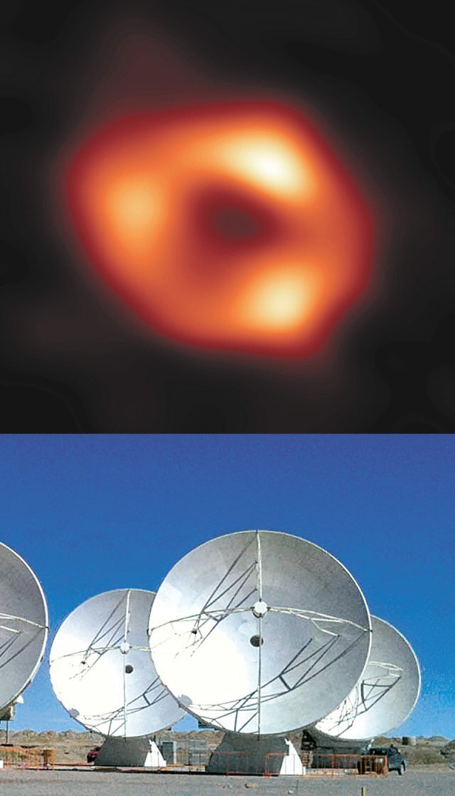 ‘사건지평선망원경(EHT)’ 국제공동연구팀이 지난달 12일 공개한 우리 은하 중심부의 초대질량 블랙홀 모습(위쪽 사진). 가운데 
검은 부분은 블랙홀이 빛을 가려 만든 그림자이며 고리의 빛나는 부분은 블랙홀의 중력에 의해 휘어진 빛이다. 이번 연구에 사용된 
전파망원경 중 하나인 칠레 아타카마사막의 ‘알마(ALMA)’. 사진 출처 유럽남방천문대(ESO), 유럽우주국(ESA)