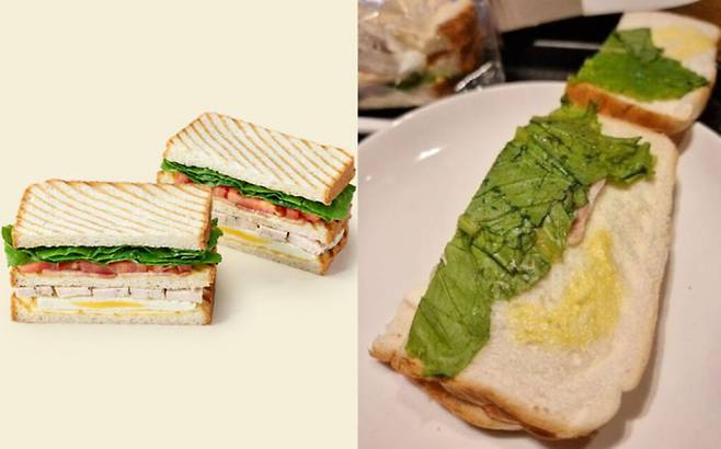 스타벅스코리아 홈페이지에 게재된 ‘치킨 클럽 샌드위치’ 사진(왼쪽)과 내용물이 부실하다며 온라인 커뮤니티에 올라온 치킨 클럽 샌드위치의 모습. 스타벅스 홈페이지·온라인 커뮤니티 갈무리
