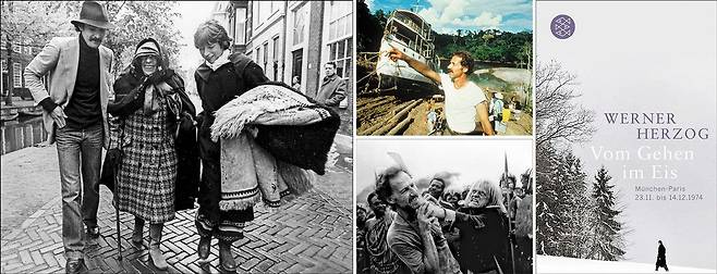 영화감독 베르너 헤어초크는 평론가 로테 아이스너에 대해“우리들 순례 여행의 목적지”라고 말했다. 왼쪽 사진은 헤어초크(모자 쓴 인물)가 아이스너(가운데)와 걷고 있는 장면. 가운데 사진(위)은 영화‘피츠카랄도’제작 당시 배를 산으로 옮기는 모습이고, 그 아래 사진은 헤어초크의 영화‘나의 친애하는 적’의 한 장면이다. 오른쪽 사진은 헤어초크가 아이스너를 찾아간 여정을 담은 그의 저서‘얼음 속을 걷다’표지. /베르너 헤어초크 필름·ilona grundmann·유러피언 필름어워즈