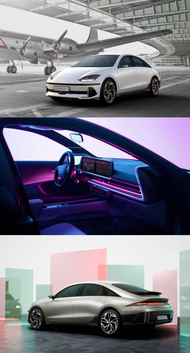 미래에서 온 전기차 현대자동차는 자사의 두 번째 전용 전기차인 ‘아이오닉 6’의 내·외장 디자인을 29일 공개했다. 현대차는 서울 K팝 스퀘어, 런던 피커딜리 서커스, 뉴욕 타임스스퀘어 빅 카후나의 디지털 전광판에 아이오닉 6 3D 디자인 ‘언베일 필름’을 공개했다고 이날 밝혔다. 현대차 제공