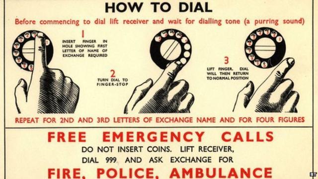 세계 최초의 긴급전화인 영국의 '999' 안내 포스터. 위키피디아