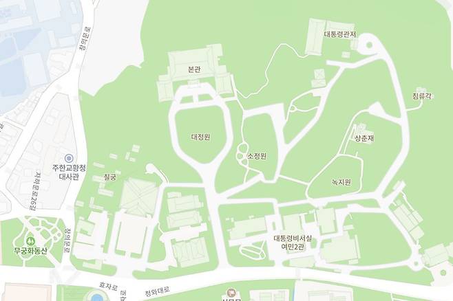 2022년 6월 30일 네이버지도로 찾아본 서울 종로구 청와대 일대. 얼마 전까지만 해도 지도상에선 이 일대에 마치 아무것도 없는 것처럼 표시됐었다. /네이버