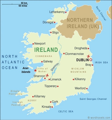 아일랜드섬의 지도. 영국 영토인 북아일랜드는 갈색으로 표시돼 있다.