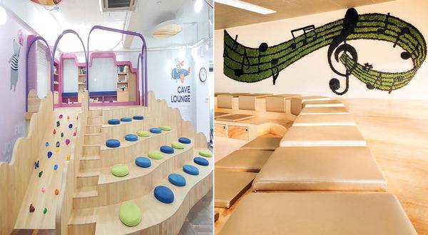 부산시교육청은 2019년부터 학교공간혁신사업을 통해 학교를 다채로운 공간으로 바꾸는 작업을 하고 있다. 동구 범일초는 미끄럼틀과 다락방을 활용해 딱딱한 영어교실을 ‘통통 뛰어 놀며 소통할 수 있는 영어놀이터’로 탈바꿈시켰다. 오른쪽 사진은 일반적인 음악실과 미술실, 복도를 합쳐 복합문화예술 특화공간으로 조성한 동래구 혜화여고 아트존. 부산시교육청 제공