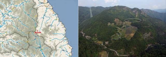 흥전리 절터 위치도. 삼수령(한강, 낙동강, 오십천)의 동편에 해당된다. 산의 7부 능선 부근(오른쪽 사진 타원 표시 부분)에 자리 잡고 있고 골짜기 바닥에는 오십천의 지류가 흐른다. 불교문화재연구원 제공