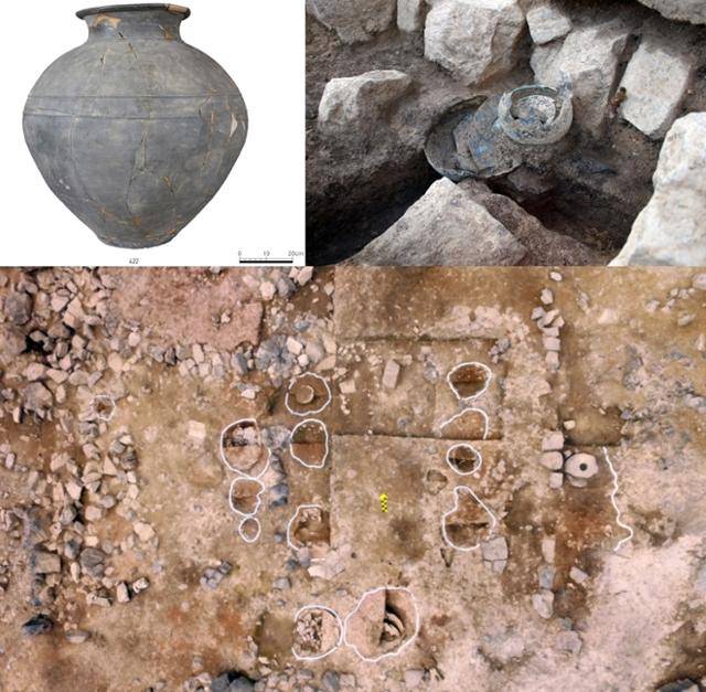 동원 지역 건물지에서 출토된 대형 항아리와 배연시설 안에서 출토된 청동공양구. 아랫줄은 동원 건물지(장고지) 내부에 항아리를 묻은 구덩이들이 노출된 모습. 불교문화재연구원 제공