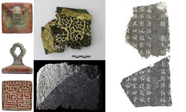 왼쪽은 범웅(梵雄)명 청동도장. 가운데 윗줄은 금동번을 보존처리한 모습이며 아랫줄은 비편에 새겨진 '국통(國統)' 글자(좌측 하단). 오른쪽은 비편에 새겨진 '소판(蘇判)' 글자(우측). 불교문화재연구원 제공