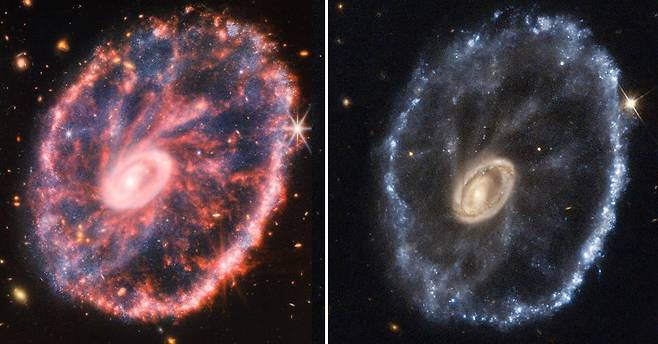 제임스웹 망원경이 포착한 수레바퀴 은하 이미지(왼쪽). 오른쪽은 허블 우주망원경이 2018년에 포착한 수레바퀴 은하 이미지. 사진 NASA·ESA·CSA·STScI / ESA·Hubble&NASA