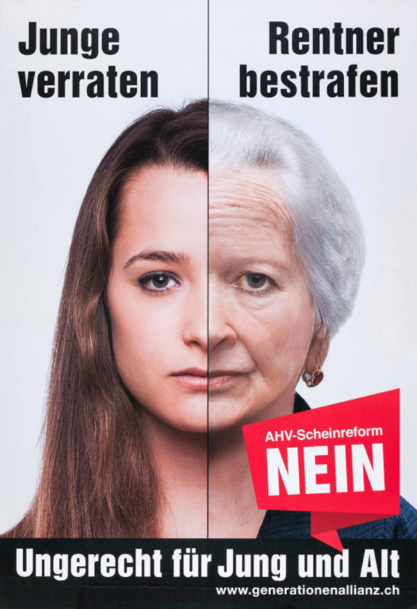 ‘청년을 배신하고 노인을 처벌한다’라고 쓰인 스위스의 연금개혁안 반대 포스터. 이 안은 2017년 국민투표에서 부결됐다. ⓒSwissvotes.ch