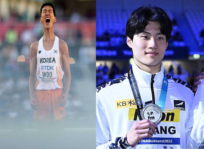 높이뛰기 국가대표 우상혁(왼쪽)과 수영 국가대표 황선우. AFP 연합뉴스