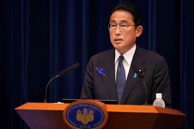 기시다 후미오 일본 총리가 지난달 14일 관저에서 연설하고 있다. 로이터연합뉴스