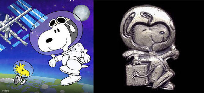 2019년 방영된 '우주로 간 스누피'의 한 장면(왼쪽)과 '실버 스누피 상' 수상자가 받는 스누피 옷깃 핀(오른쪽). [사진 출처 = NASA]