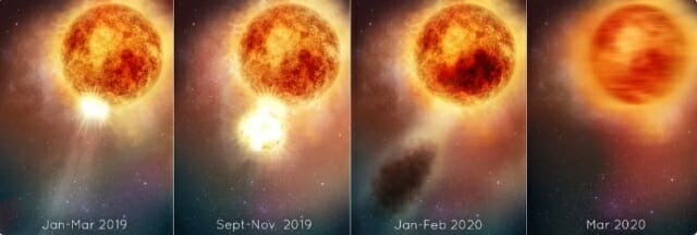 이 사진은 거대 질량 분출이 일어난 후의 적색 초거성 베텔게우스의 밝기 변화를 보여준다.  분출되는 물질은 냉각되어 먼지 구름을 형성하고 일시적으로 별은 희미하게 보인다. (사진=NASA, ESA, STScI)