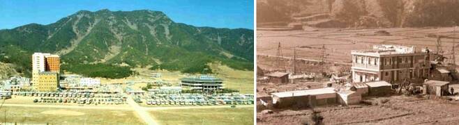 80년대 초 부곡 하와이 주변 풍경(왼쪽), 부곡온천단지에 세워진 최초의 건물(오른쪽) [창녕군 제공]