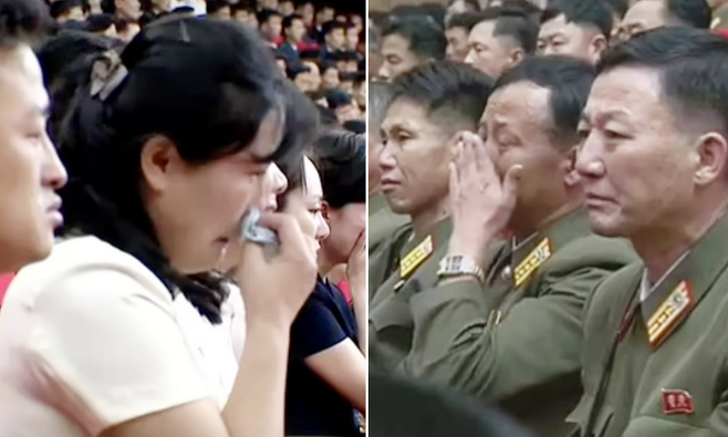 지난 10일 평양에서 열린 전국비상방역총화회의에서 김정은 북한 국무위원장의 ‘고열’ 소식을 듣자 눈물을 흘리는 참석자 로이터 연합뉴스