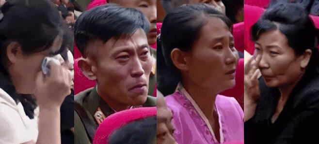 지난 10일 열린 전국비상방역회의 연설에서 김여정 부부장이 김정은 국무위원장의 고열 소식을 전하자, 참석자들이 눈물을 흘리고 있다. (사진=로이터)