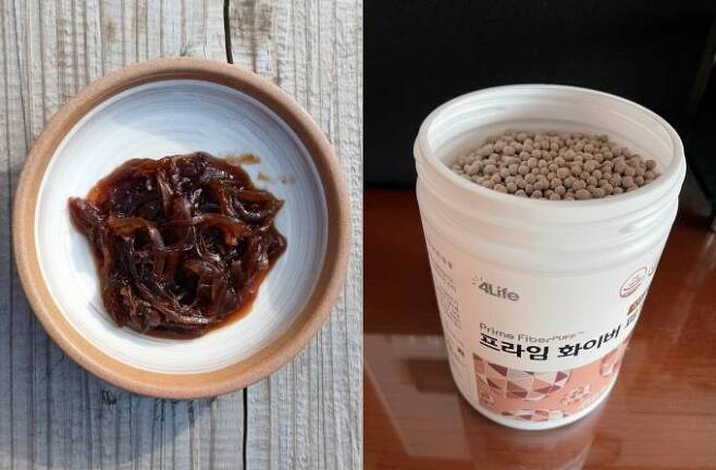 ‘버들이’ 지인이 만든다는 ‘양파 짱아지’(왼쪽)와 ‘김팀장’이 가지고 온 식이섬유 제품.