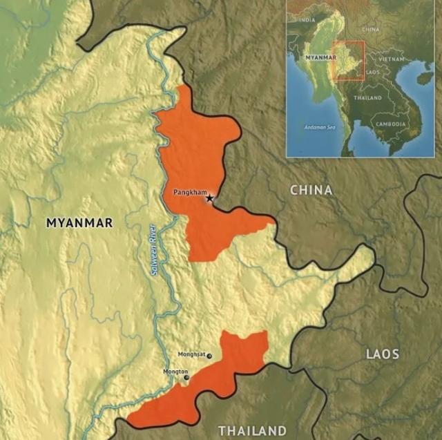 미얀마 소수민족 와족이 거주하고 있는 지역이 주황색으로 표시돼 있다. 와족의 두 자치지역에는 70만 명의 인구가 거주 중이며, 미얀마 화폐인 짯 대신 중국 위안을 기본 통화로 사용하고 있다. 아시아타임스 캡처