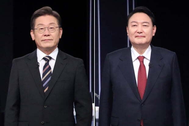 윤석열 대통령(오른쪽)과 이재명 의원이 지난 20대 대선 당시 TV토론회에 나와 발언하는 모습. 연합뉴스