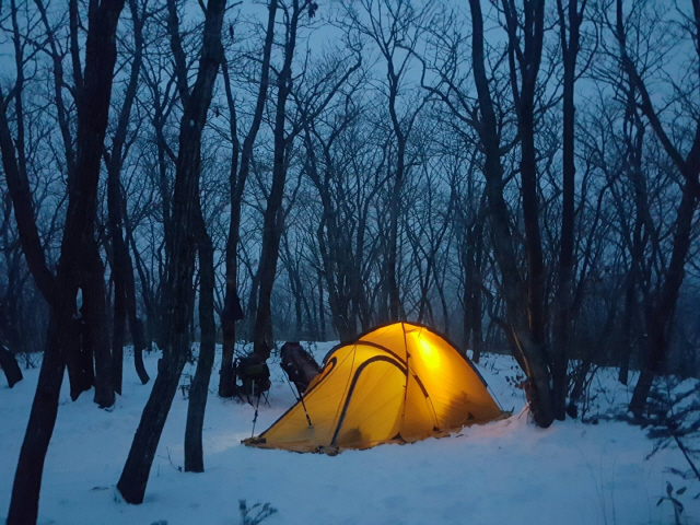 ▲ 선자령 백패킹 모습. 텐트가 대자연의 숨결과 호흡하는 모습이 한폭의 그림처럼 아름답다.  사진제공= 심병교씨