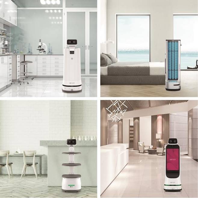 (좌측 상단부터 시계방향으로) LG 클로이 서브봇(서랍형), LG 클로이 UV-C봇, LG 클로이 가이드봇, LG 클로이 서브봇(선반형)./사진=LG전자