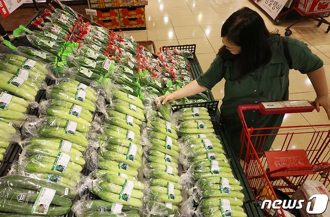 이른 무더위와 장마로 배추와 오이 등 농산물 가격이 급등하고 있는 3일 서울의 한 대형마트에서 시민들이 장을 보고 있다. 이날 통계청이 발표한 '7월 소비자물가 동향'에 따르면 지난달 소비자물가상승률은 6.3%로 1998년 11월(6.8%) 이후 23년 8개월 만에 최대 오름폭을 보였다.2022.8.3/뉴스1 ⓒ News1 이광호 기자