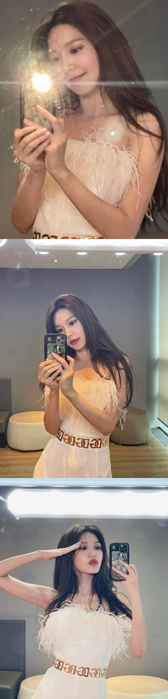 Sooyoung posted several photos on his 20th day with an article entitled Music Center GG4EVA in his instagram.In the open photo, Sooyoung is wearing a white stage costume and taking a mirror selfie.In particular, the same group Hyoyeon appeared on JTBC Knowing Brother on the 13th, and the long straight hair of Sooyoung, which became a hot topic, is attracting attention.Despite the point, Sooyoung added a smile to the face of Hyoyeon with his hair at the moment of ending pose on KBS 2TV Music Bank stage on the 19th.Meanwhile, the group Girls Generation, which Sooyoung belongs to, released its regular 7th album Forever 1 on the 15th anniversary of its debut.