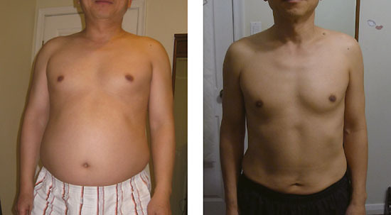 1년 전 내 몸무게는 83㎏을 웃돌았다(오른쪽). 4월 말 현재 내 체중은 63㎏이다(맨 오른쪽).