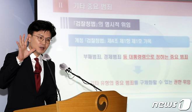 (서울=뉴스1) 장수영 기자 = 한동훈 법무부 장관이 11일 경기 과천시 정부과천청사에서 '검사의 수사개시 범죄 범위에 관한 규정 개정안 및 시행규칙 페지안 입법예고' 브리핑을 하고 있다. 2022.8.11/뉴스1 Copyright (C) 뉴스1. All rights reserved. 무단 전재 및 재배포 금지.