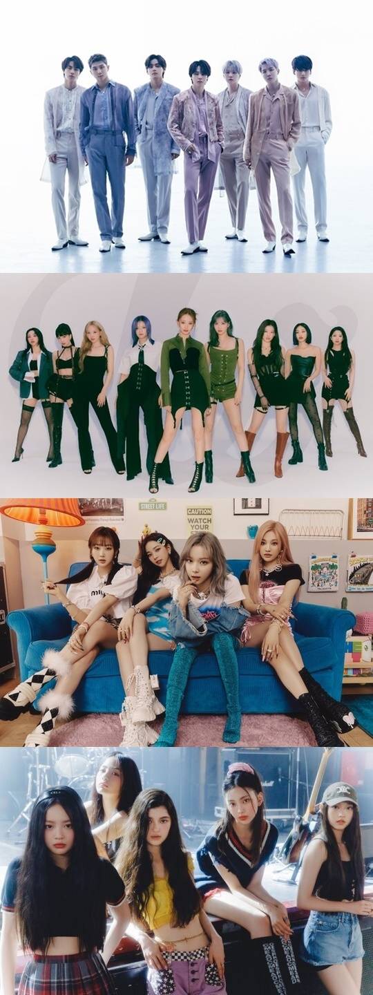 명절 연휴 가족과 시간을 보내는 BTS, 트와이스, 에스파, 뉴진스(위부터). 사진l각 소속사