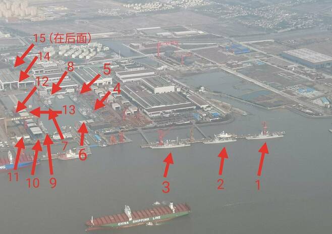 중국 상하이 장난 조선소에서 2022년 15척의 함정이 동시에 건조되고 있는 모습이 포착된 사진이 국내외 SNS에 퍼져 화제가 됐다./중국 SNS