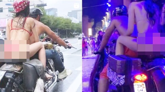 인플루언서 임그린씨가 2022년 7월부터 8월 사이 서울 강남(왼쪽), 이태원 일대에서 비키니 차림으로 오토바이를 타고 있다. 사진 임씨 인스타그램
