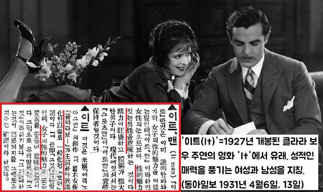 ‘It’는 1927년 개봉된 영화의 제목이다. 백화점 판매원인 여주인공(클라라 바우·1905~1960)이 ‘It’(성적인 매력)를 발산해서 사장의 마음을 흔들어 성공한다는 이야기를 담았다. 그때부터 ‘It(그것)’는 ‘섹시한 여성(혹은 남성)’의 상징어가 됐다.