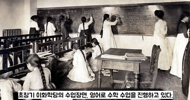 초창기 이화학당 학생들의 수업. 선교사들이 세운 배재와 이화학당이 수업도 모두 영어로 진행됐다. 자연스레 ‘원어민 영어교육’이 이뤄졌다.