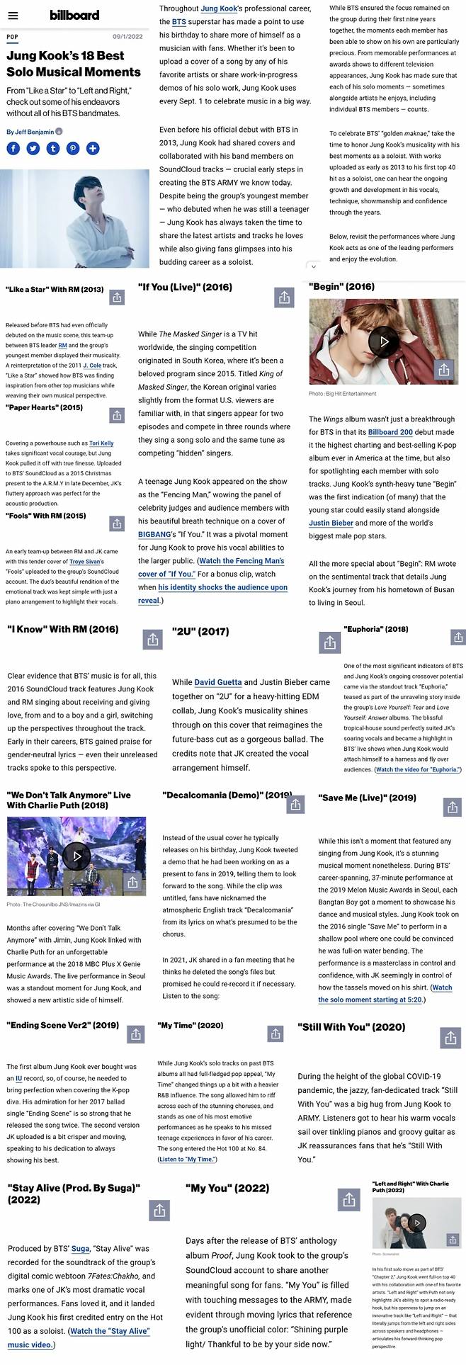 방탄소년단 정국의 '18가지 베스트 솔로 음악 모멘트'..美빌보드 집중 조명