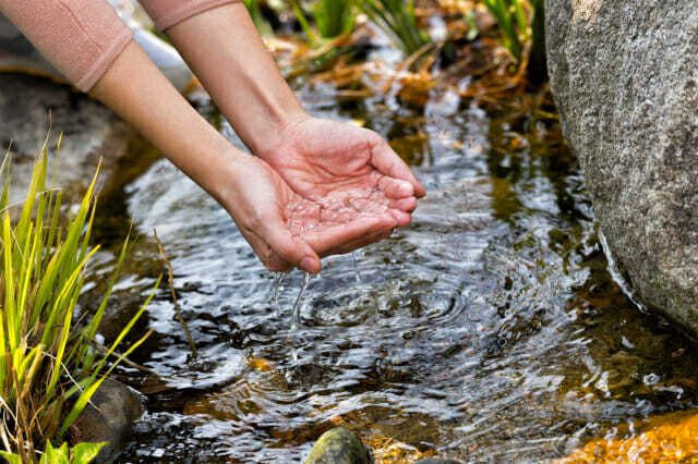 삼성전자 직원이 화성 사업장 ‘그린센터(폐수처리시설)’에서 정화시킨 물로 조성한 연못에서 손을 적시는 모습.(사진=삼성전자)