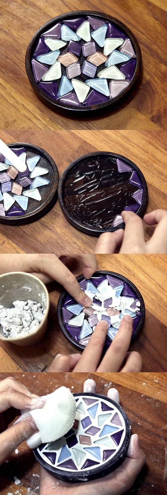 흔히 사각형으로 타일을 시공하는 것과 달리, 원형인 티코스터는 타일의 색상·소재·형태 등을 잘 고려해 조합해야 한다. 원하는 디자인에 맞게 타일을 붙인 후엔 시멘트로 마감하는데, 마감용 시멘트와 비슷한 색 타일을 쓰지 않도록 주의한다.