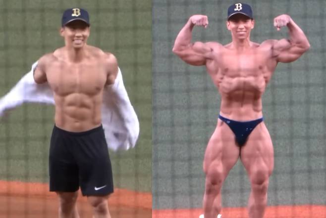 일본 보디빌더 요코카와 나오타카가 지난 19일 교세라돔에서 열린 오릭스와 소프트뱅크 시합의 시구식을 맡아 마운드에 올랐다. /사진=유튜브