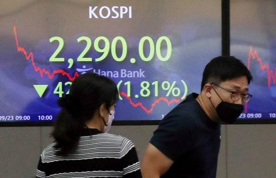 코스피가 2300선 밑으로 하락한 23일 서울 중구 하나은행 딜링룸에서 딜러들이 업무를 보고 있다. 코스피는 전 거래일보다 42.31포인트(1.81%) 내린 2290.00에 마감했다. /뉴시스