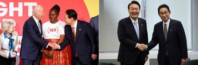 유엔 총회 참석차 미국 뉴욕을 방문 중인 윤석열 대통령이 21일(현지시간) 글로벌 펀드 제7차 재정공약회의에서 조 바이든 미국 대통령과 악수하고 있다(왼쪽 사진). 윤 대통령이 이날 한일 정상 간 약식회담에 앞서 기시다 후미오 총리와 악수하고 있다. AFP 연합뉴스·대통령실