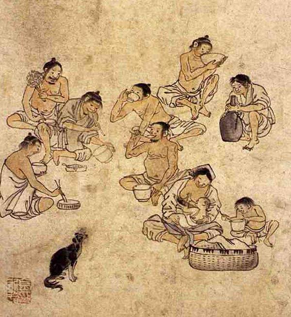 조선 시대 화가 김홍도가 그린 풍속화 ‘점심’은 고된 노동을 하며 함께 모여 앉아 맛있게 밥 먹는 농부 일가의 일상을 잘 보여준다.