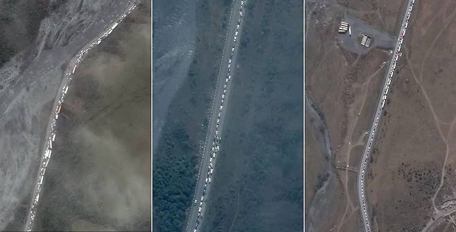 25일(현지시간) 미국 민간 위성기업 막서 테크놀러지가 촬영한 위성 사진에는 러시아에서 조지아로 향하는 국경 검문소 부근 도로에 수많은 차량이 줄을 지어 서 있는 모습이 담겨 있다. / 막서 테크놀러지