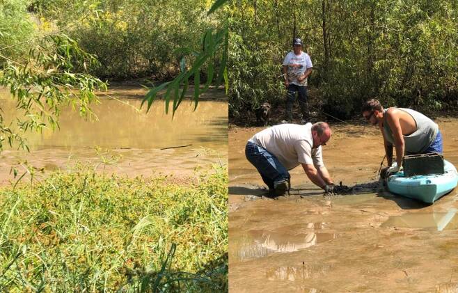 살해당한 에드워드 굿윈의 시신이 버려진 작은 연못(왼쪽)과 연못의 물을 빼내 유해를 수습하고 있는 가족들 모습. /사진=코니 굿윈