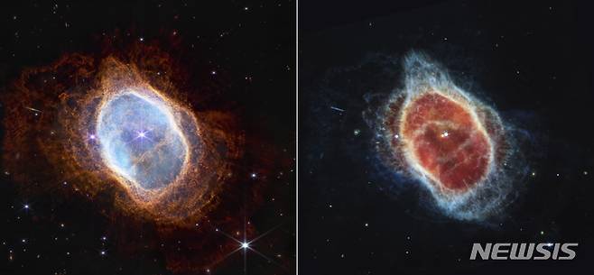 [AP/뉴시스]미국항공우주국(NASA·나사)이 12일(현지시간) 홈페이지를 통해 공개한 제임스웹 우주망원경 촬영 '남쪽 고리 성운(Southern Ring Nebula)'의 모습. 별이 소멸하는 과정에서 방출한 가스와 먼지로 이뤄졌다고 한다. JWST은 나사와 유럽우주국(ESA), 캐나다우주국(CSA)이 협력 개발했다. 2022.07.12.