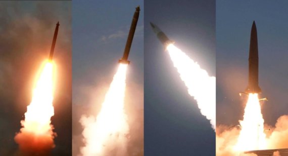 북한 매체가 신형 무기 실험이라고 주장하며 공개한 사진들. 왼쪽부터 신형대구경조정포, 초대형방사포(KN-25), 북한판 에이태킴스(KN-24), 북한판 이스칸데르(KN-23). 자료=미국의소리(VOA) 홈페이지 캡처