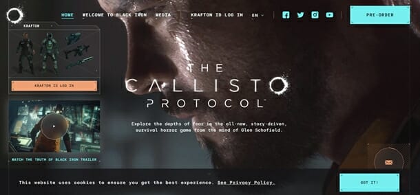 칼리스토 프로토콜 공식 홈페이지.